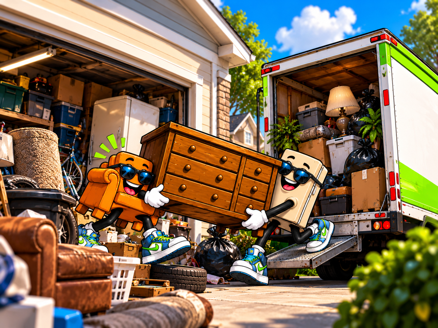 The Clutter Cousins mascots hauling a dresser from a garage into a junk-removal truck
